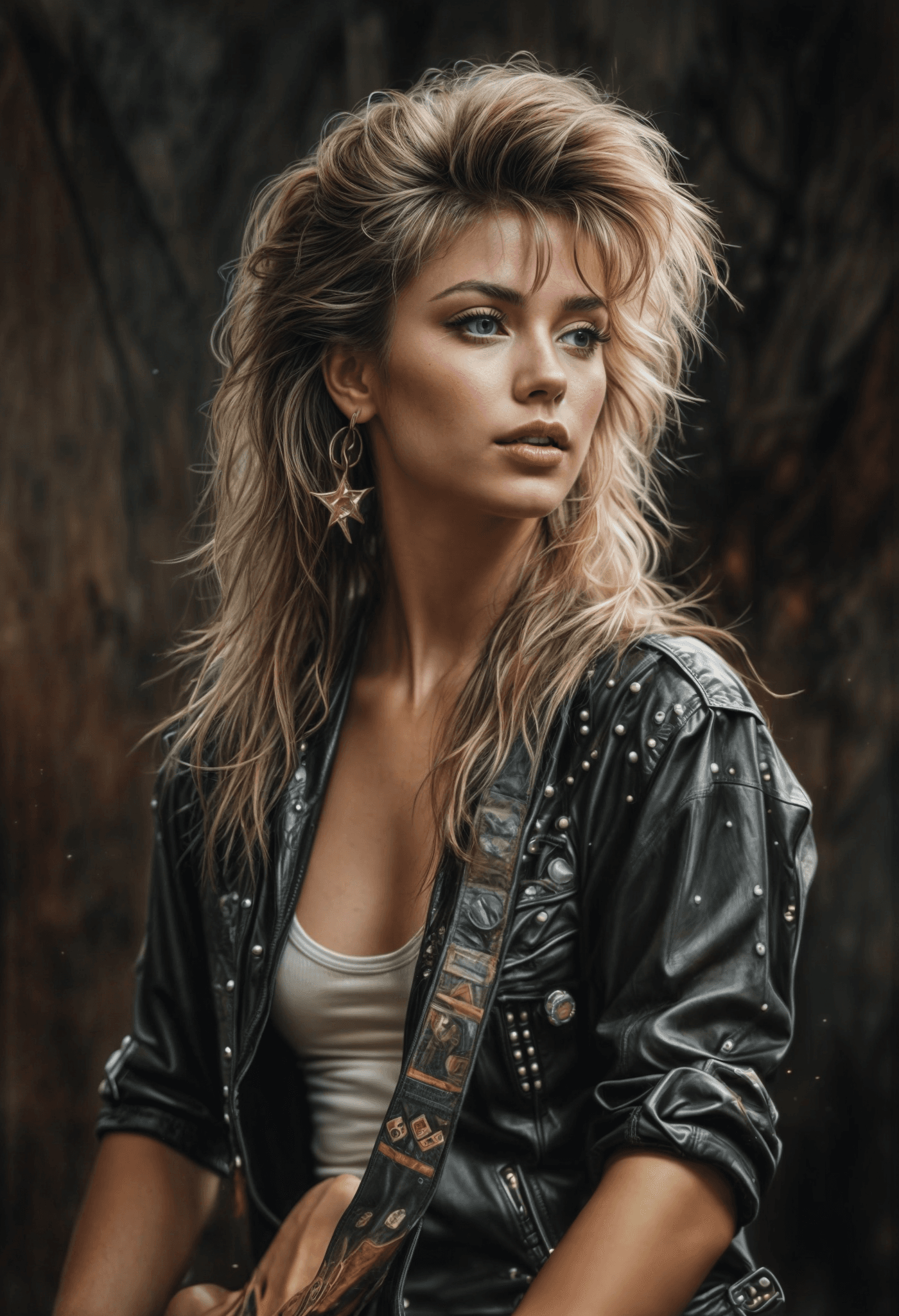 AI generated: female rock star,  vintage oil painted, 1985,glamrock