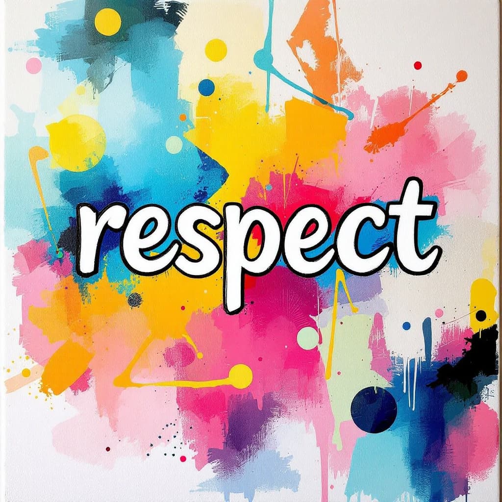 AI generated: lettering "respect", white color paint, canvas texture, geometric vibrant colorful background --ar 9...