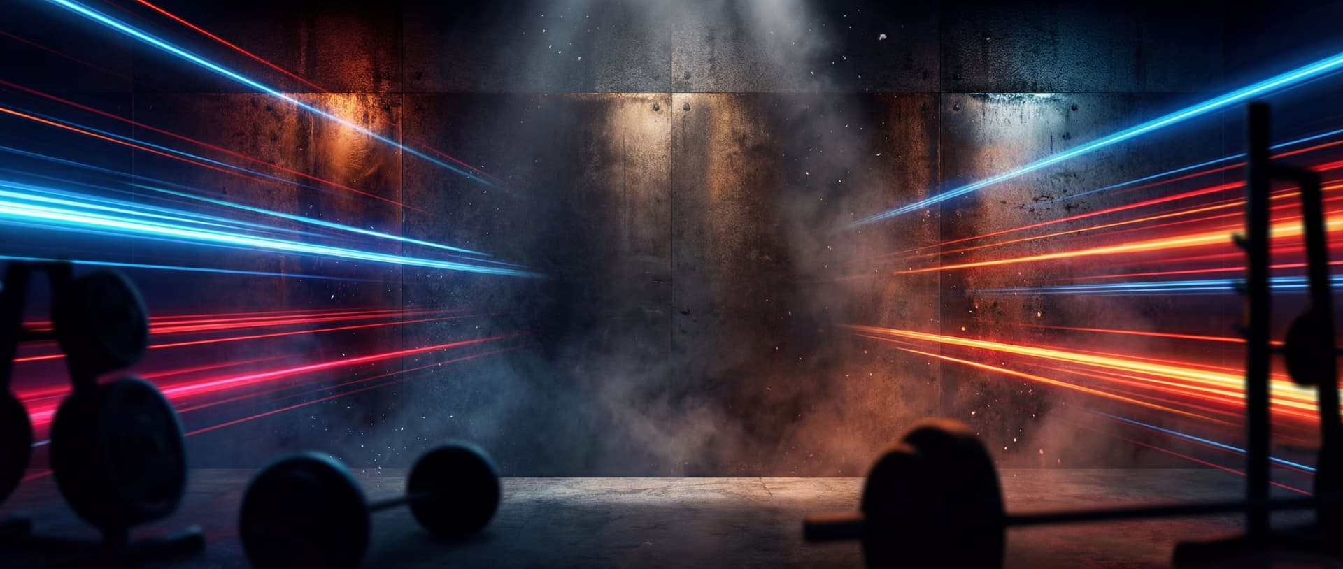 AI generated: Horizontal gym banner background with no people, dark industrial atmosphere, modern fitness gym envi...