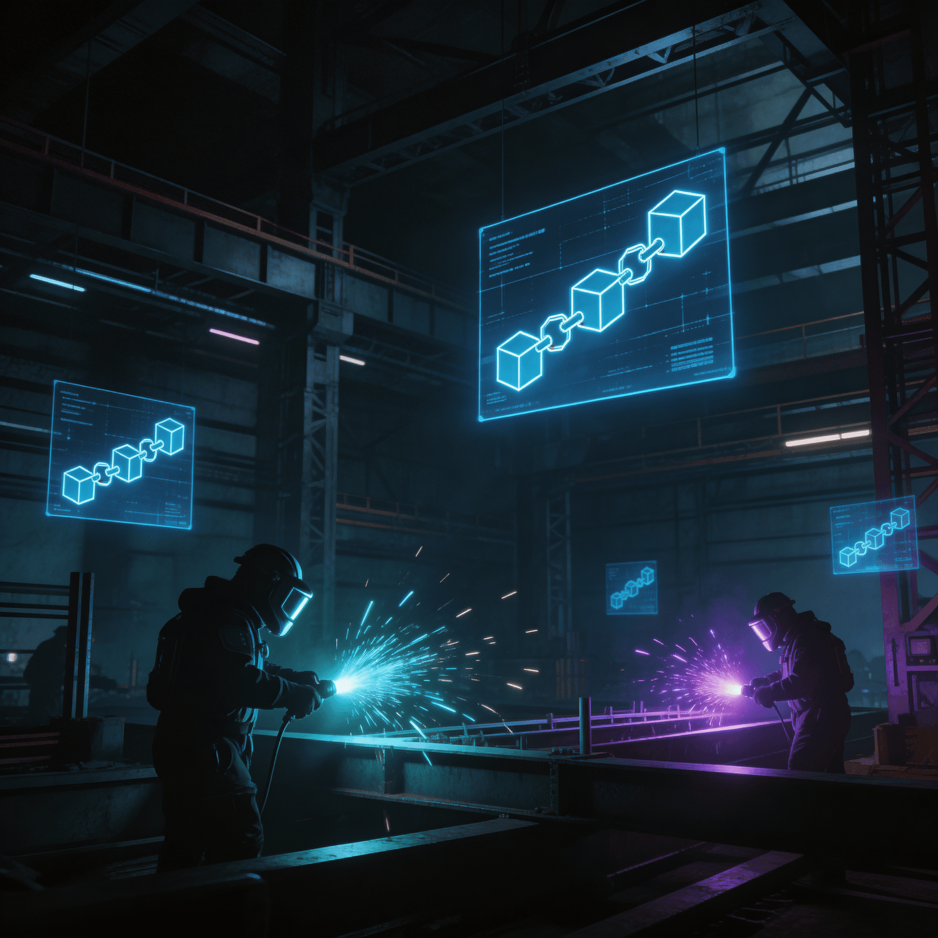 AI generated: "Inside a high-tech blockchain forge, construction site with holographic blueprints, welding sparks ...