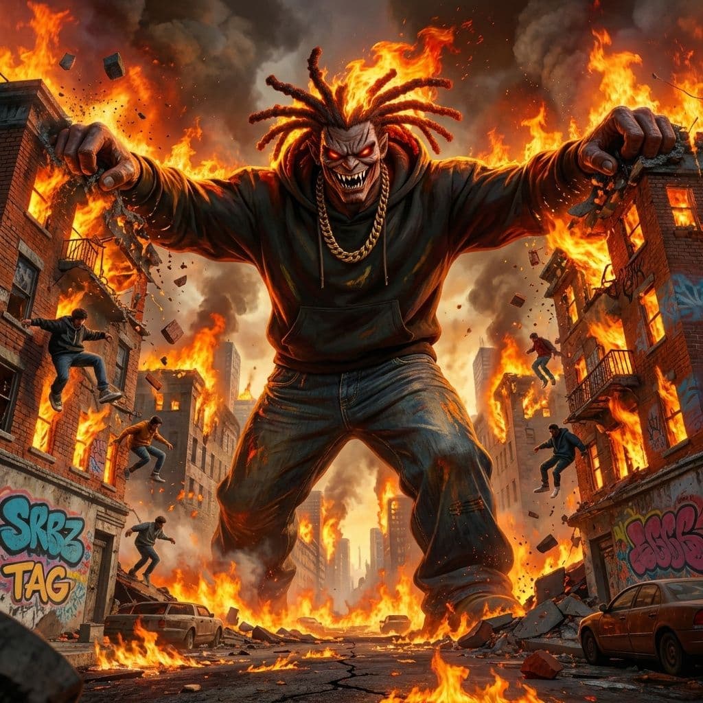 AI generated: A colossal HIP HOP DEMON with flaming dreadlocked hair and an wicked grin stomps through a decaying ...