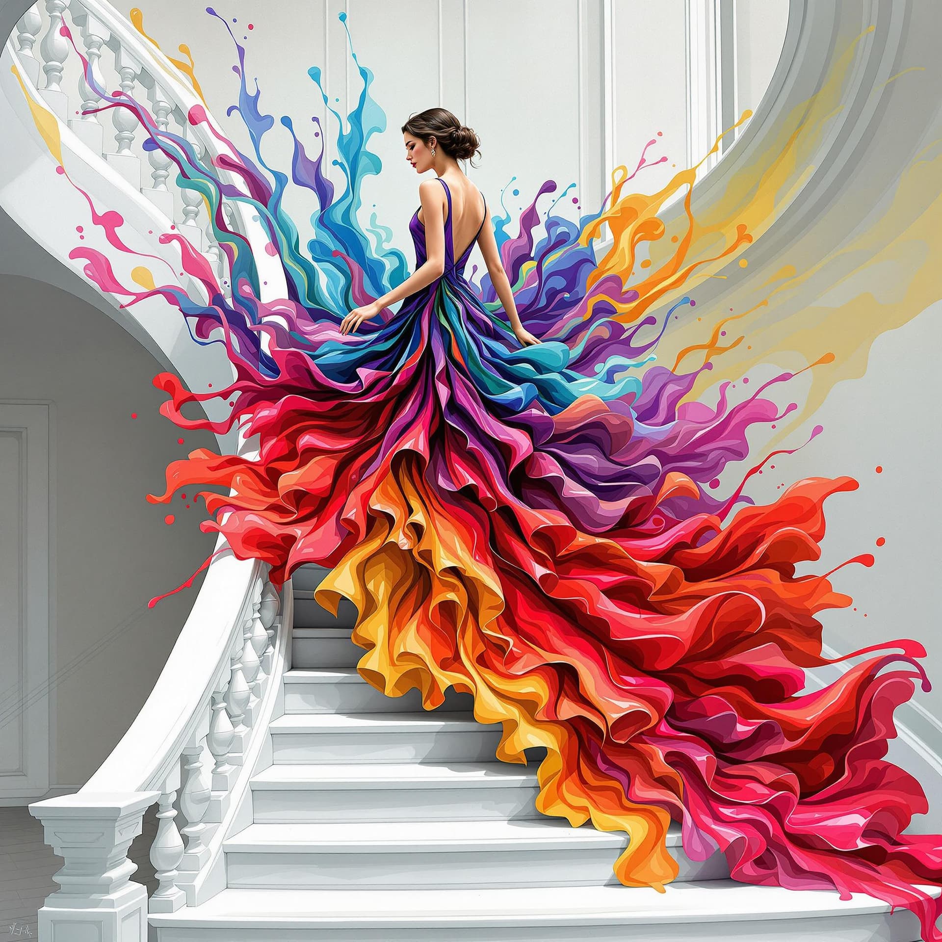 AI generated: illustrations of a woman wearing a dress made of flowing multicolored paint, walking up a grand whit...