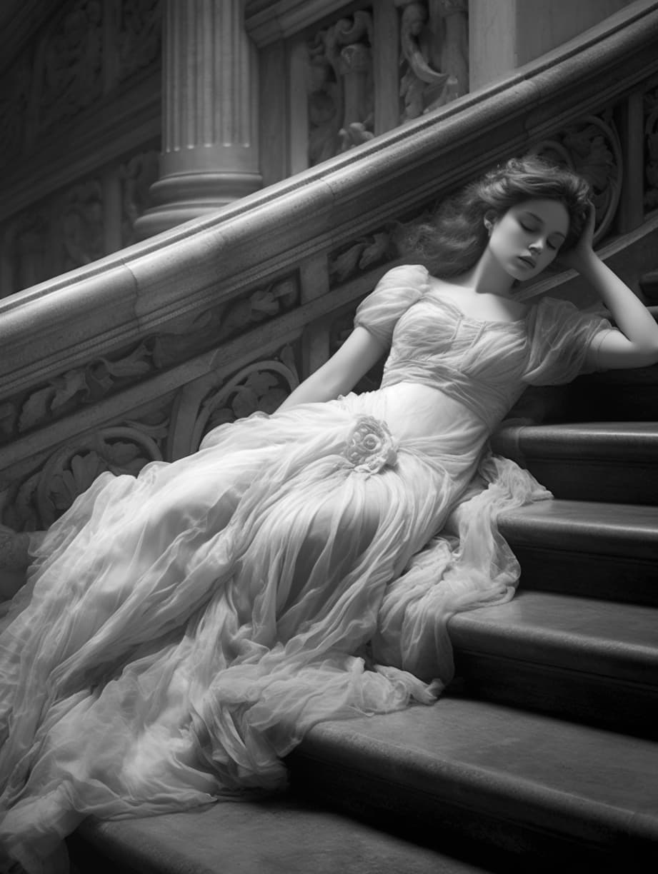 AI generated: a black and white photo of a woman laying on some steps, by Marie Bashkirtseff, tumblr, young alluri...