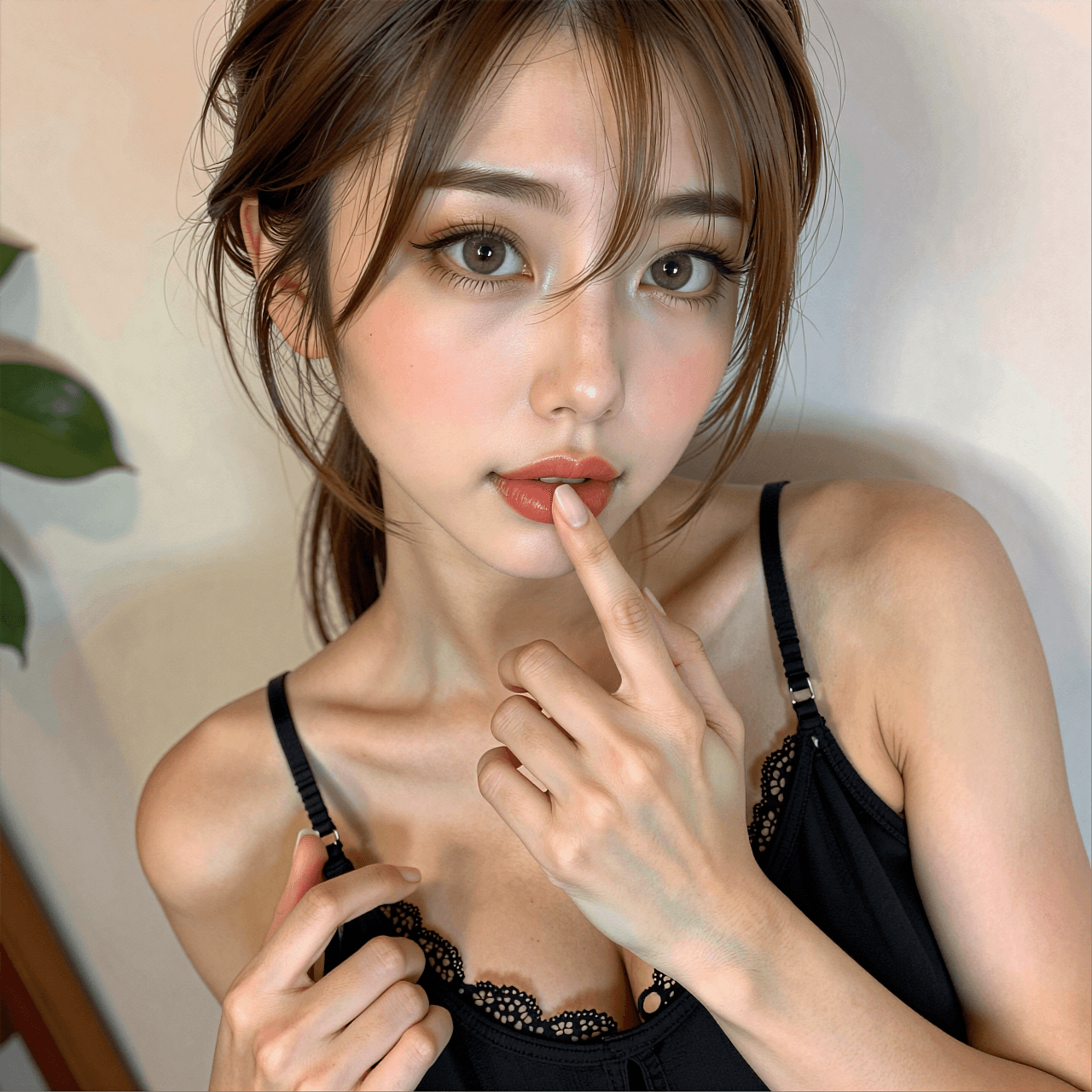 AI generated: A photorealistic high-angle close-up selfie of a beautiful young Asian woman with pale flawless skin...