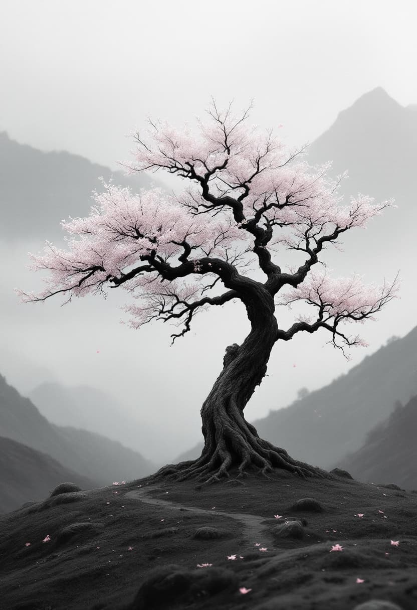 AI generated: Flux Schnell, 2:3 aspect ratio, cinematic grayscale. A single traditional Japanese tree placed off-c...
