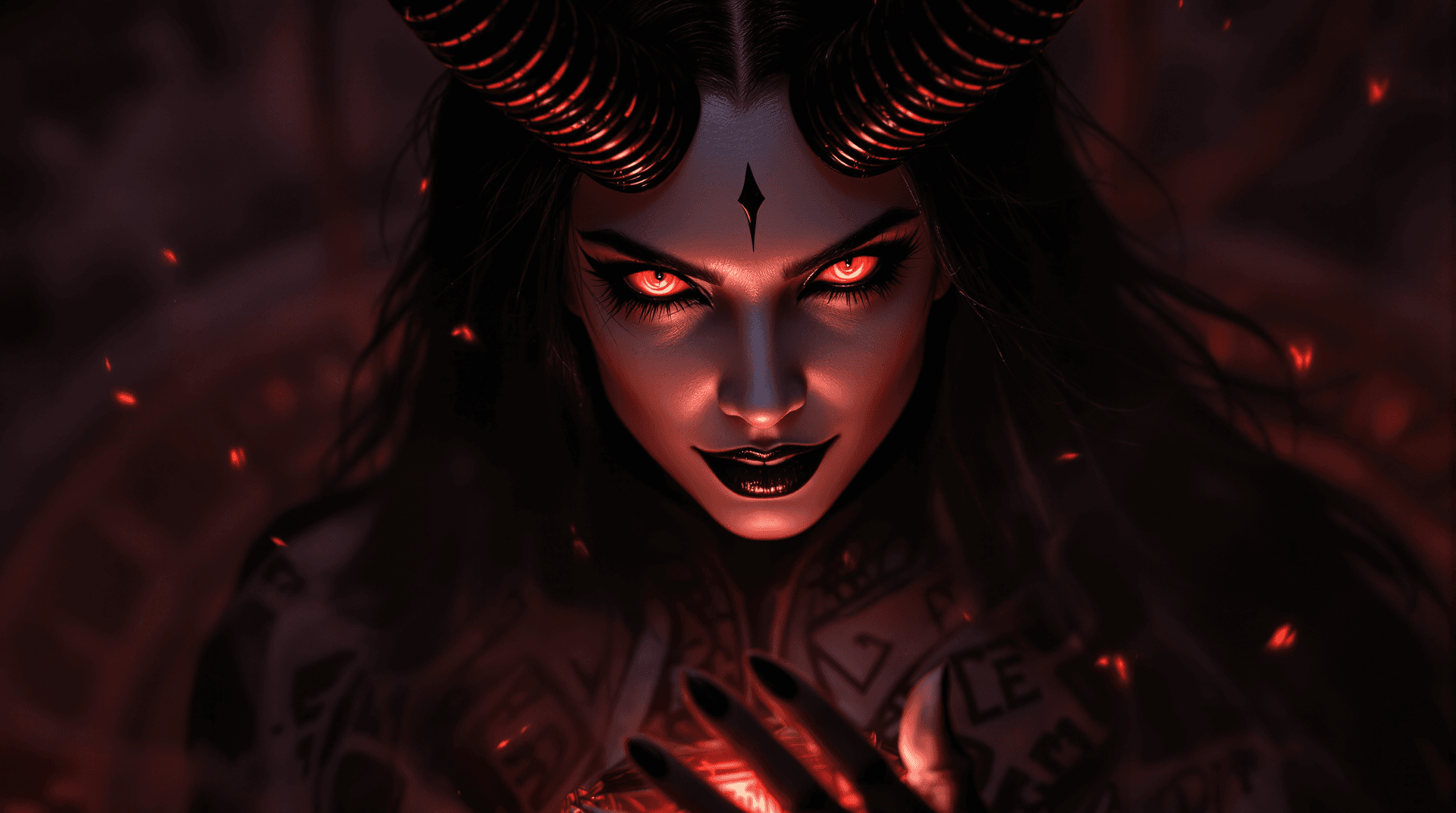 AI generated: A seductive female demon queen in a dramatic close-up portrait, reminiscent of Beksiński's dark myst...