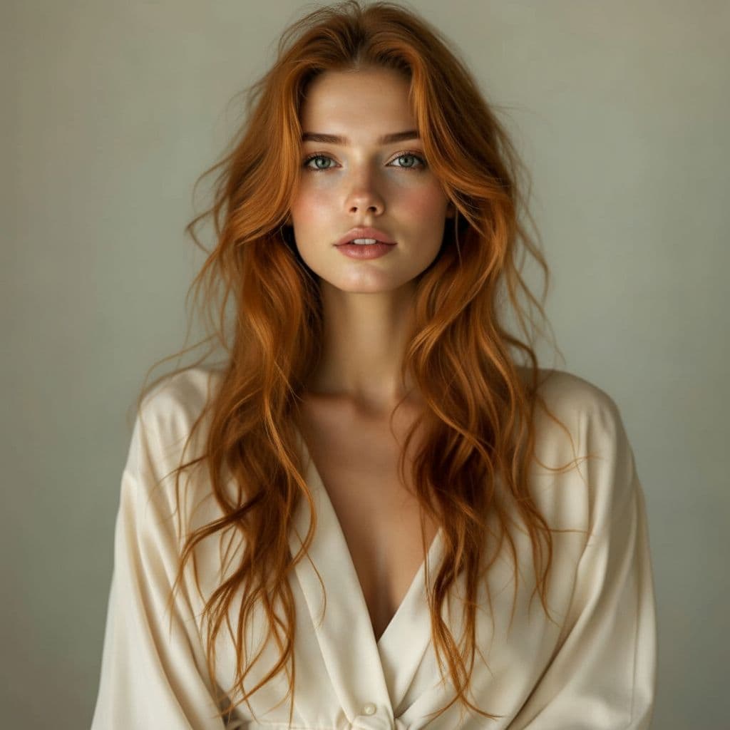 AI generated: Ultra-realistic portrait headshots of the same woman, maintaining 100% facial consistency, ginger ha...