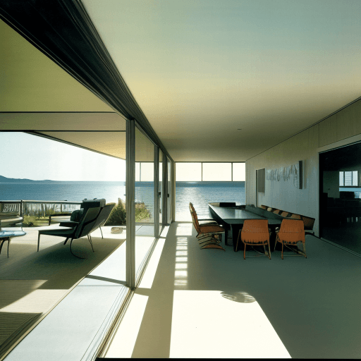 AI generated: Hyper realistic eye level exterior photo of a mid century modern style house overlooking the ocean, ...