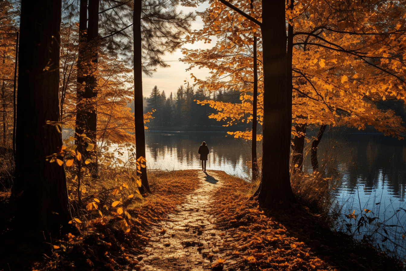AI generated: An autumnal forest in bright colors forms the background while a hiker walks along a path covered wi...