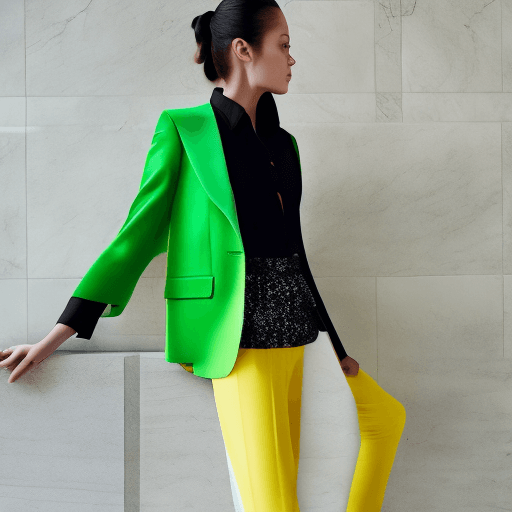 AI generated: fashion cover, front view, upper-body, woman model, white marble wall, black suit, green shirt, yell...