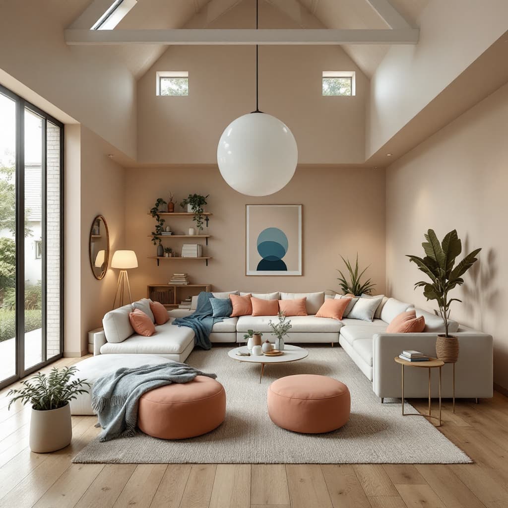 AI generated: High resolution photography interior design, dreamy sunken living room conversation pit, wooden floo...