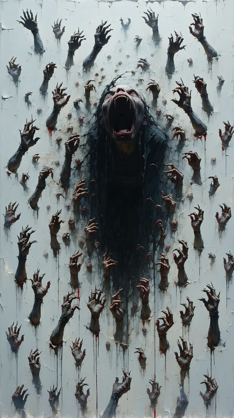 AI generated: Horror, Hyperrealistic, hellish, dystopian, nightmare, a wall full of arms and hands grabbed a perso...