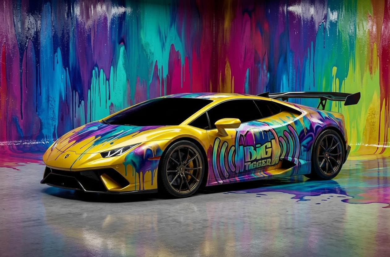 AI generated: 3d video game illustration of a shiny glossy yellow futuristic designed lamborghini with a big spoil...