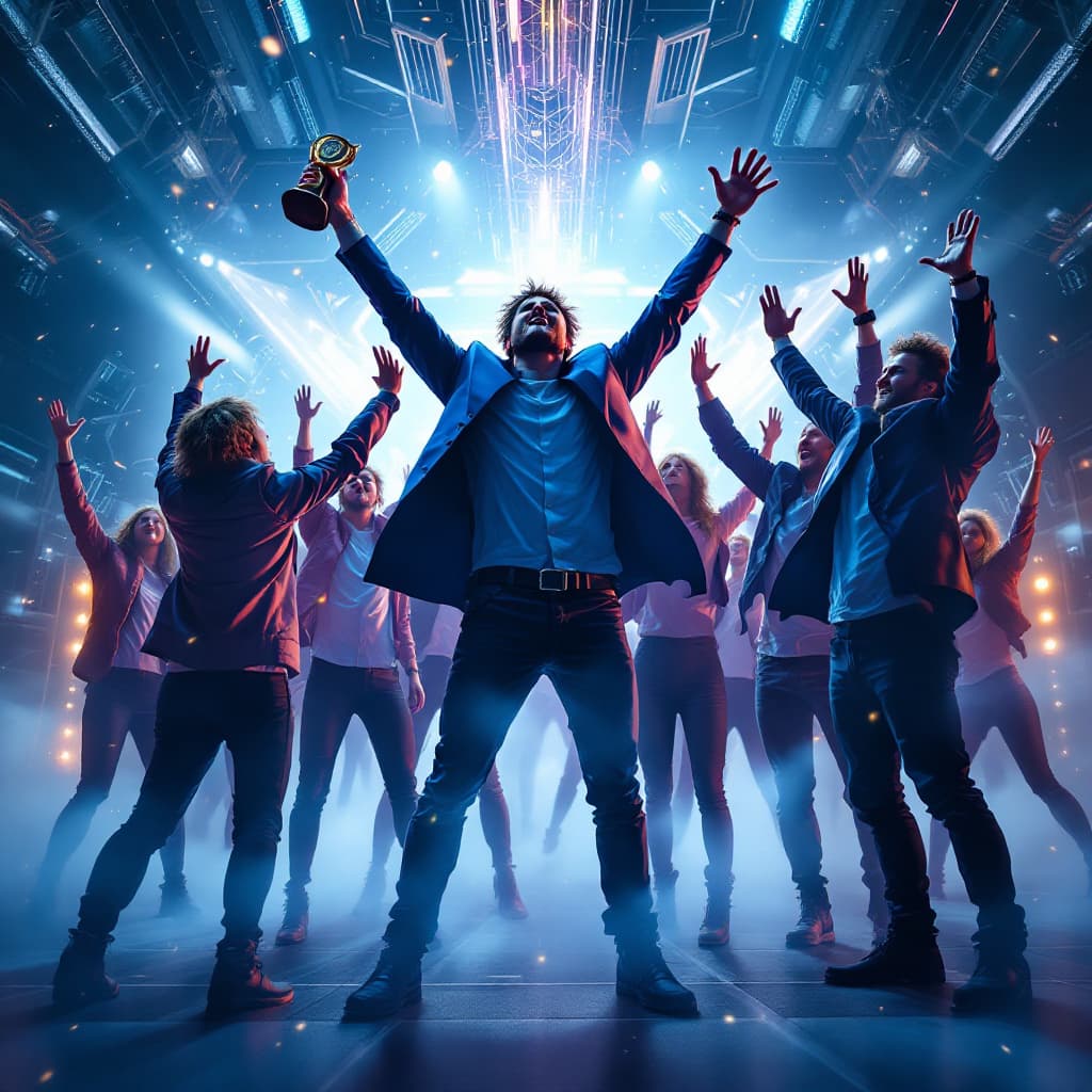 AI generated: Cyber punk business cheering about wining holding up an award
