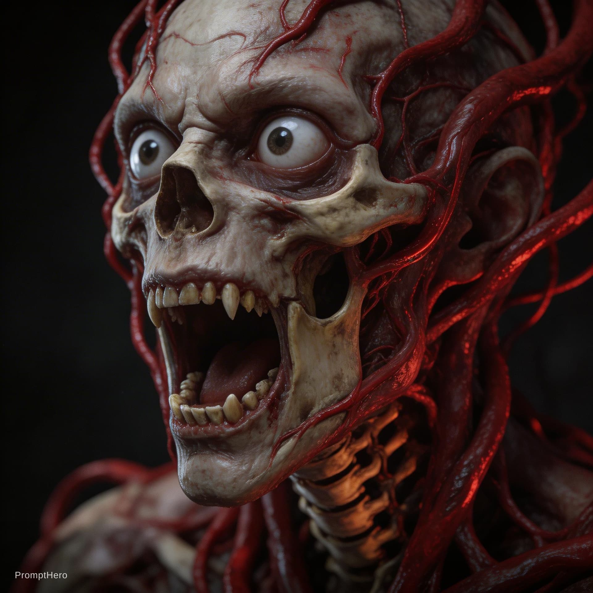 AI generated: Decayed humanoid figure, grotesque, (detailed skeletal structure:1.3), (tissue textures:1.3), (expos...