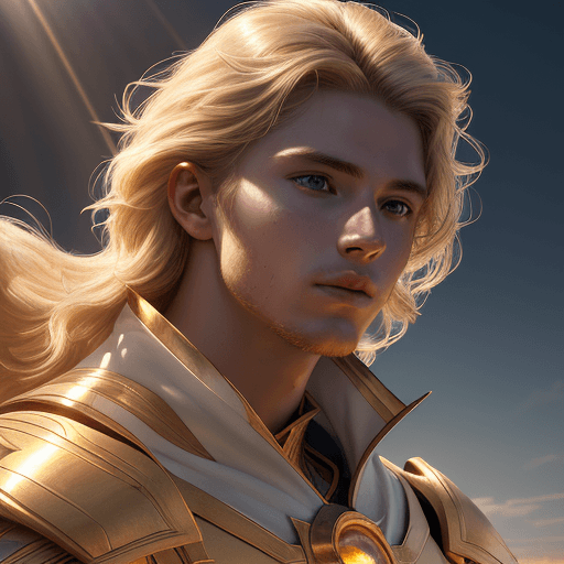 AI generated: 25 y/o man, enbodyment of the sun, sunrays for hair, golden skin and hair, portrait, centered, detai...
