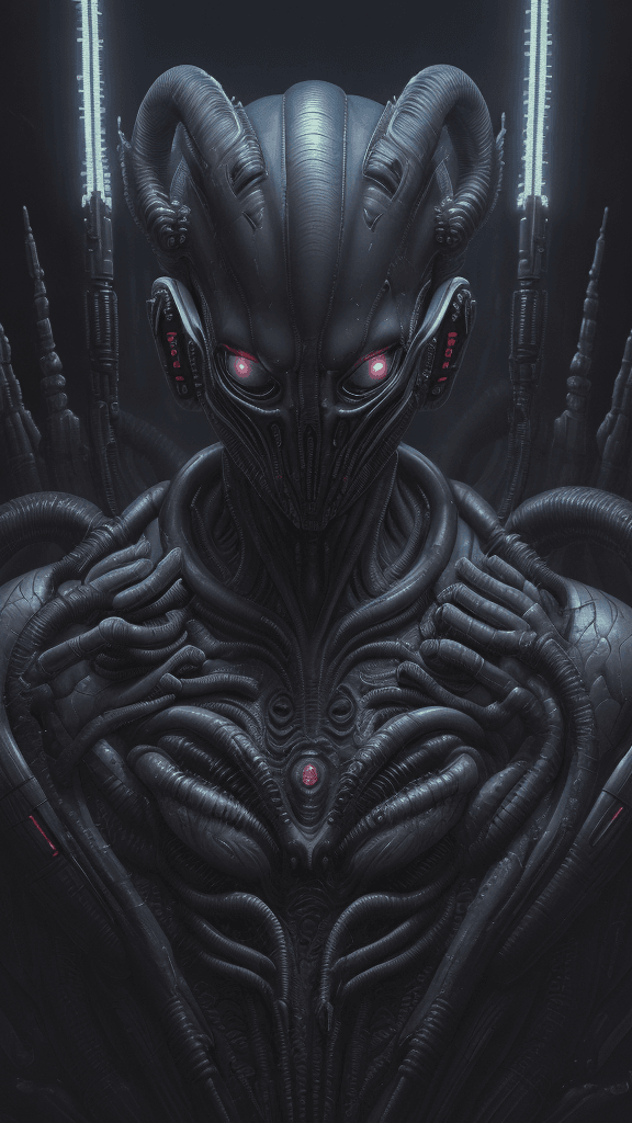 AI generated: "cyberpunk Xenomorph:4:1 КАЛЕК-style headshot, a masterwork by H.R. Giger, invoking a profound sense...