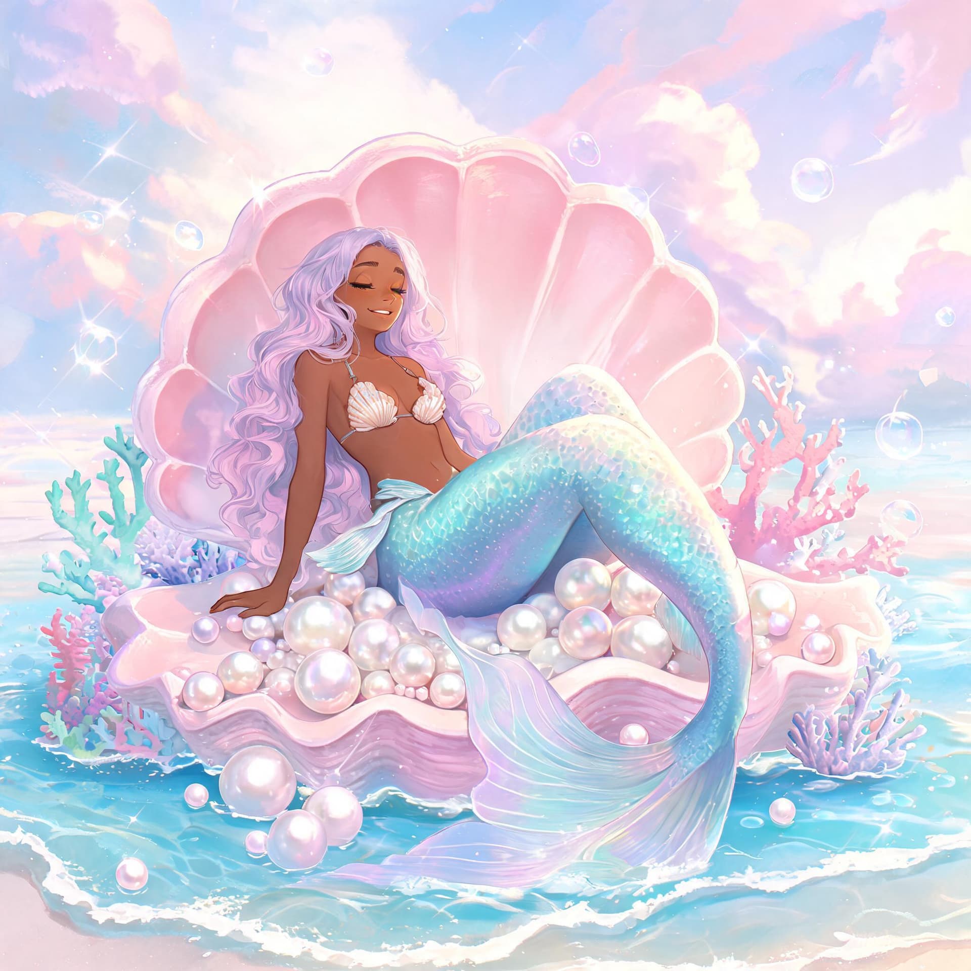 AI generated: Cute medium-brown-skinned mermaid relaxing on a giant seashell surrounded by pearls, coral, and spar...