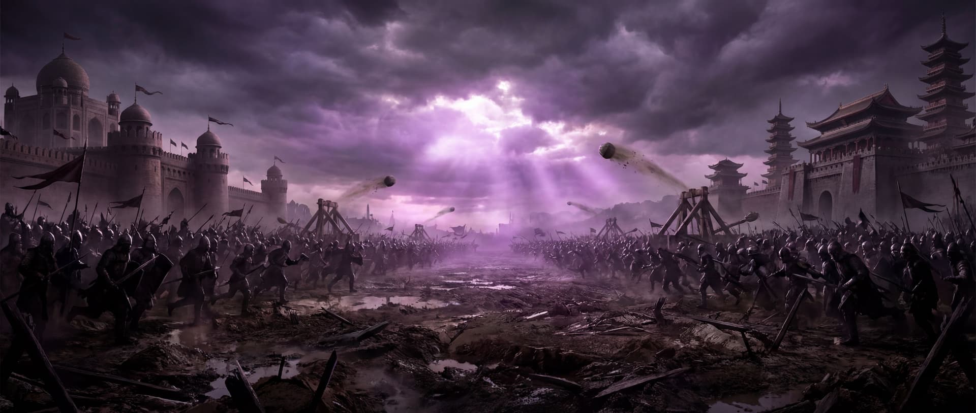 AI generated: Epic medieval dark fantasy war scene in a post-apocalyptic world, ultra wide panoramic horizontal ba...