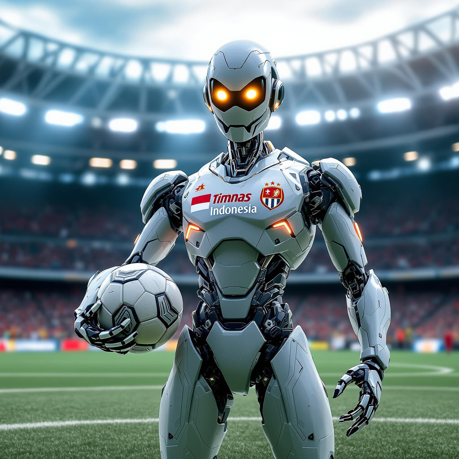 AI generated: A powerful AI agentic robot holding a soccer ball, standing confidently on a futuristic soccer field...