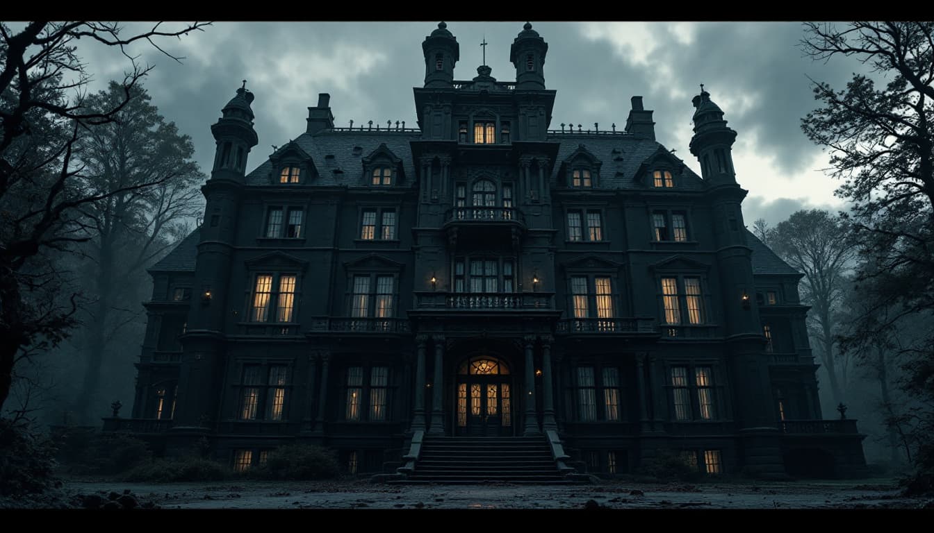 AI generated: scary 6-story grand mansion building, black exterior walls, prison atmosphere, bars on windows, zero...