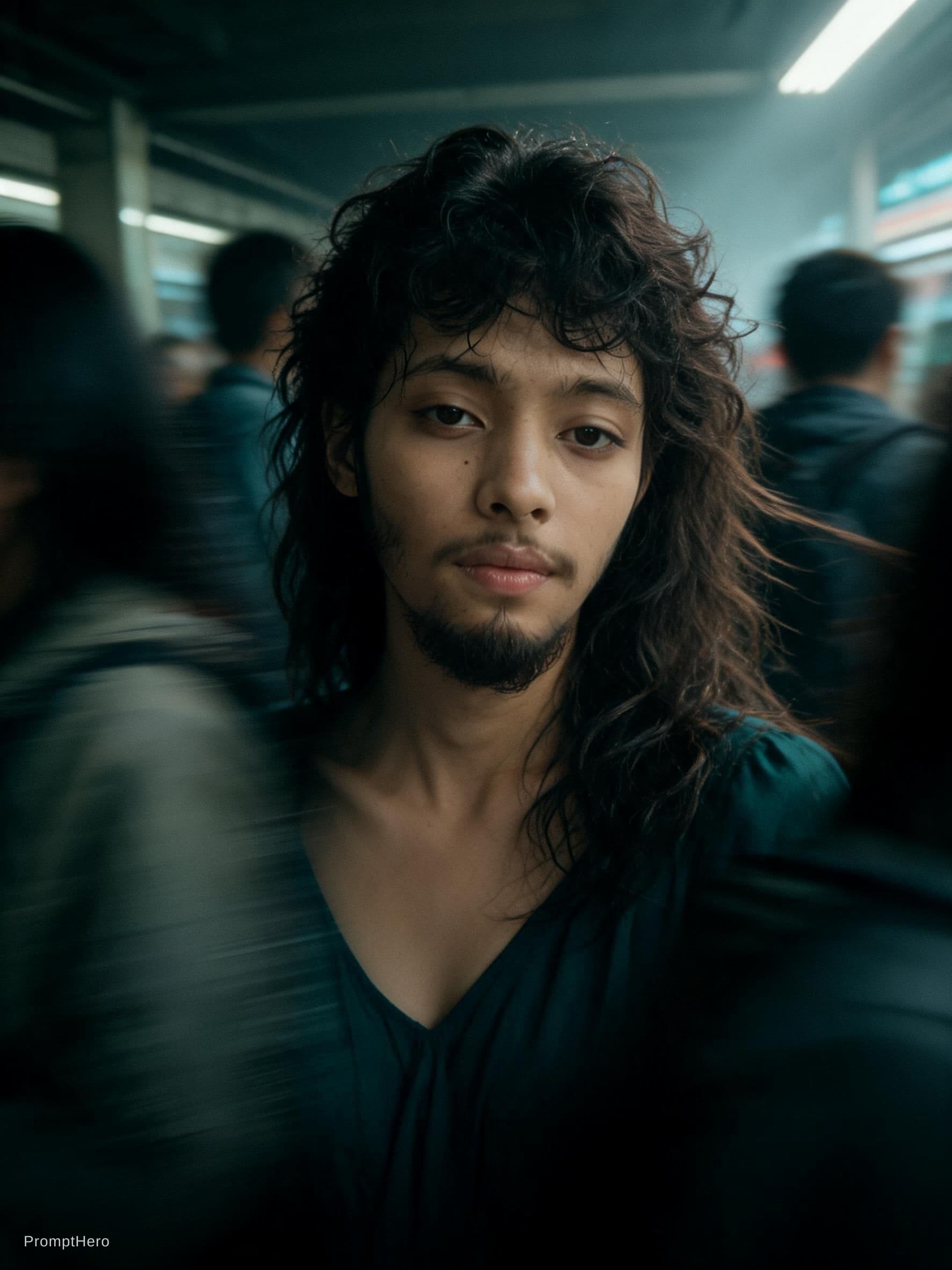 AI generated: Cinematic editorial portrait of a young women in her early twenties standing motionless at the
cente...