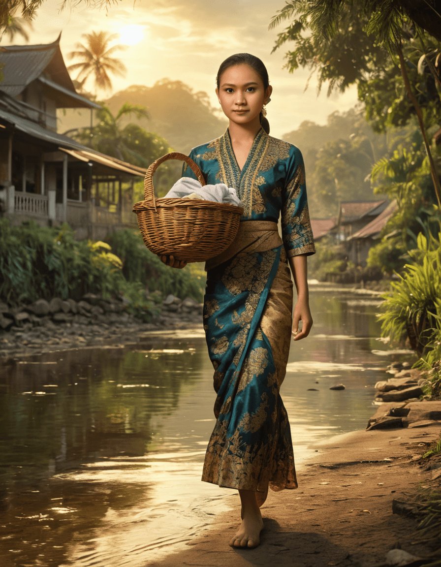 AI generated: A stunning, full-body image of a young village girl wearing a traditional kebaya and batik print, ca...