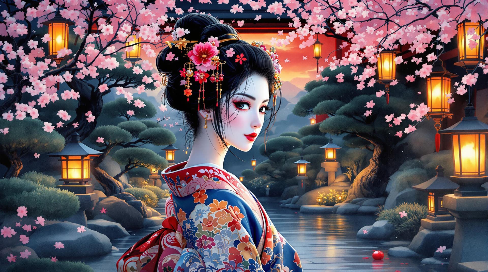 AI generated:  A vibrant watercolor portrait of a Japanese geisha, depicted in dynamic motion, set amidst a serene...