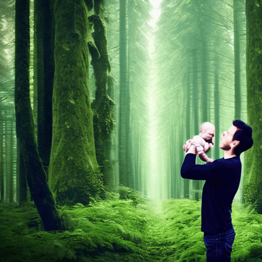 AI generated: a man holding a baby in the deep forest