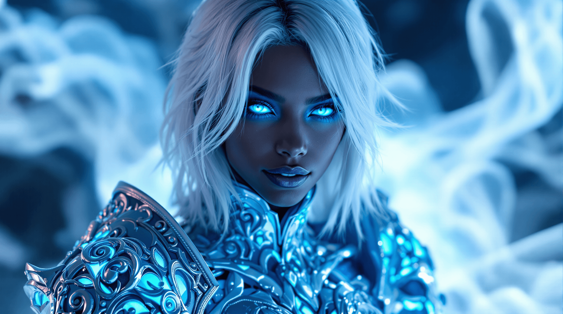 AI generated: Close-up portrait of a young, dark-skinned female figure, with striking, glowing blue eyes and a sub...