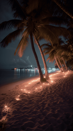 AI generated: A serene beach, with palm trees illuminated by warm lights, in the style of Electronic circuitry --a...