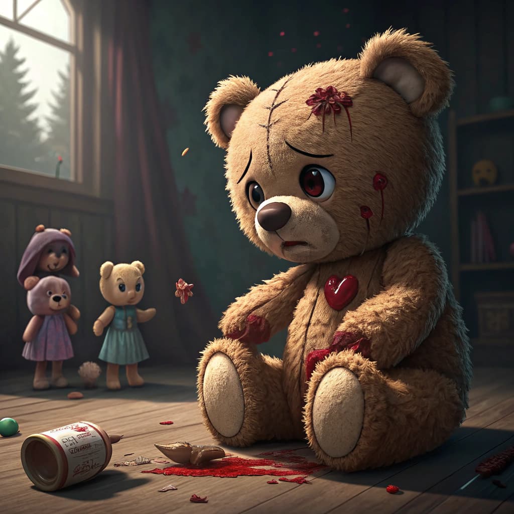 AI generated: poor teddy bear getting his arms pulled off by evil dolls because it get to much love from the playg...