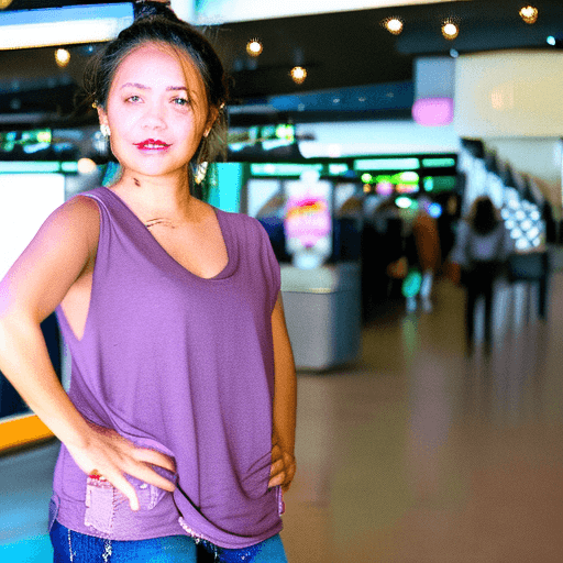AI generated: An image of a beautiful Malaysian woman with light brown hair in a messy bun, standing in an indoor ...