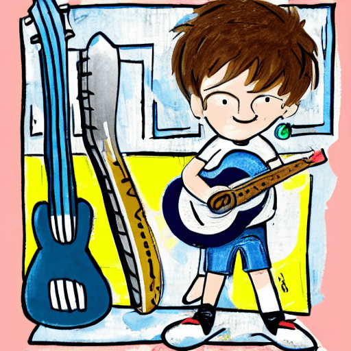 AI generated: a draw of a little boy with a guitare in toddler book style