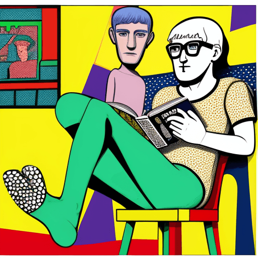 AI generated: PopArt David Hockney expressionist style, people figures Books and beer. Flowers. Reading and drinki...