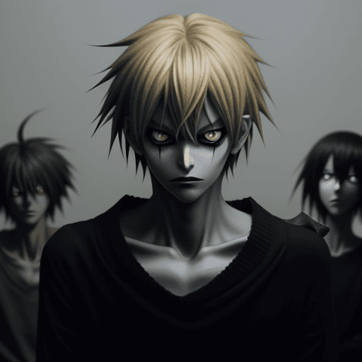 AI generated: Ryuk from death note with long bangs and shoulder-length blond hair stands in the foreground of the ...