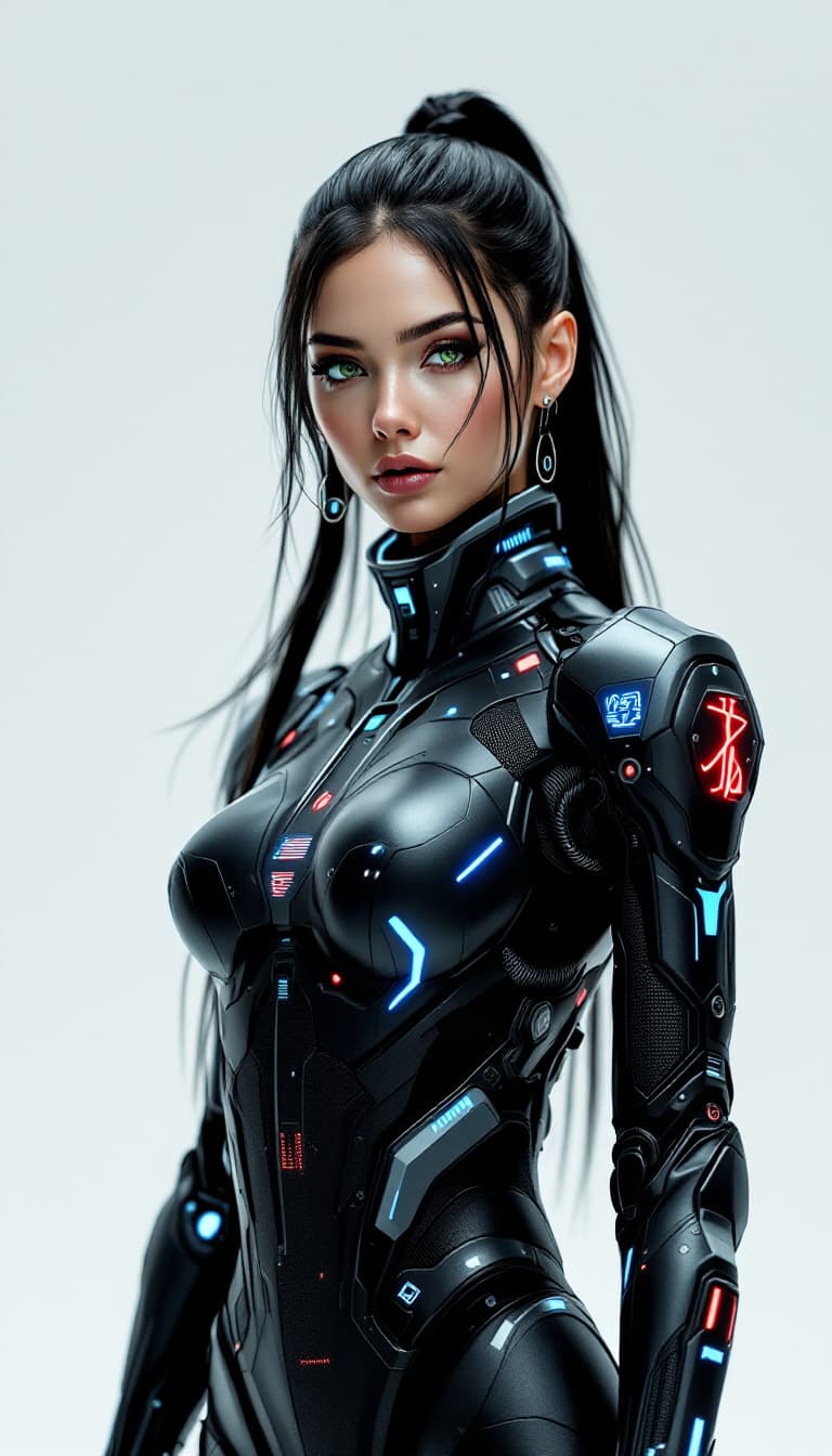 AI generated: An ultra-realistic, full-body portrait of a captivating cybernetic calligrapher woman, radiating art...