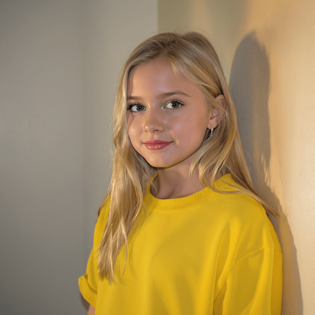 AI generated: blond girl in a yellow shirt is posing, soft, atmospheric lighting --chaos 33 --ar 1:2 --profile yru...