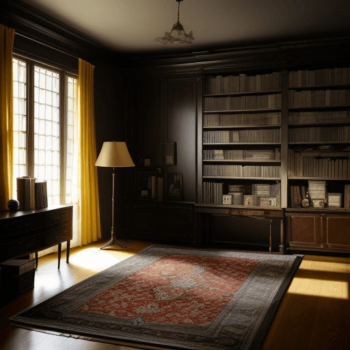 AI generated: Large and spacious room, dark with a bookshelf in the background, a rug, a dresser, and a floor lamp...