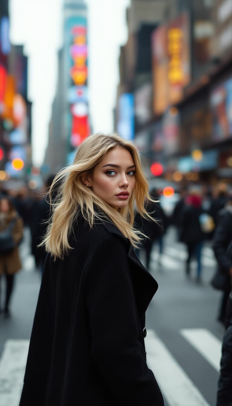 AI generated: Street photography of a Asian supermodel, blonde hair and is wearing a black coat, crossing a crowde...