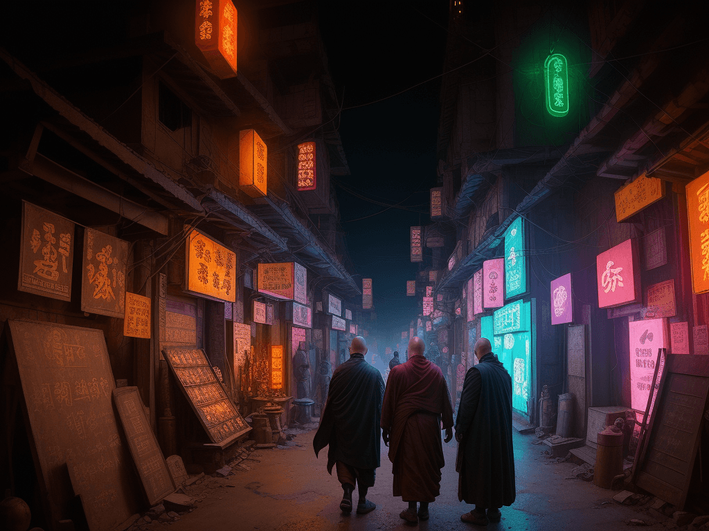 AI generated: people visit old monk in cyberpunk buddhist village from far away, flashing neon signs and weapons s...