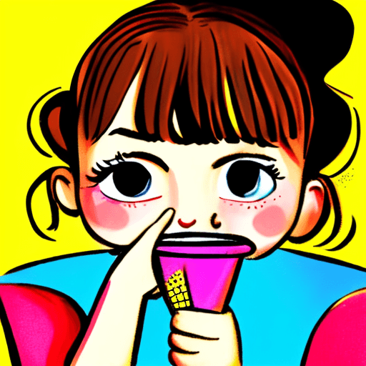 AI generated: puzzled girl holding an upsidedown cup; style: cartoon