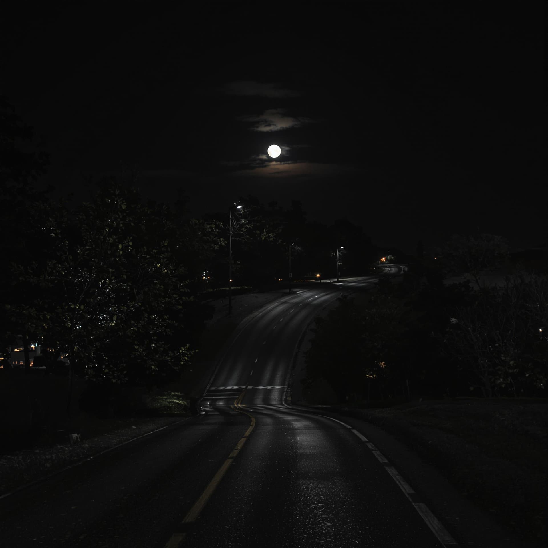 AI generated: a beautiful moon night empty road include trees