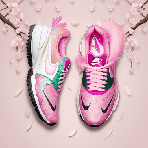 AI generated: Nike sneakers with feathers and boa, pure tones, cherry blossom, pink background, professional photo