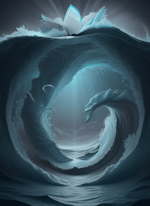 AI generated: an open book with pages carved into the shape of waves, a sea monster coming out of the Mariana tren...
