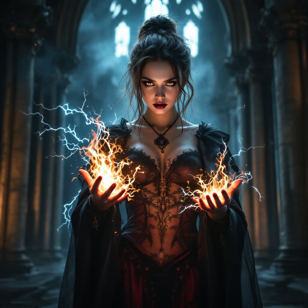 AI generated: young mystique woman casting a magic spell, dark fantasy theme, gothic cathedral background, full bo...