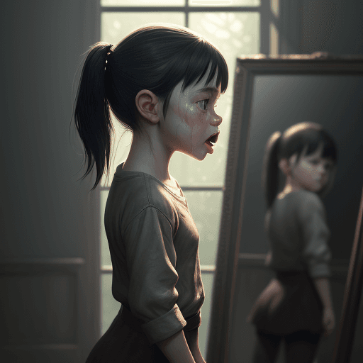 AI generated: Photo of a ultra realistic little girl, tasteful pose, oiled, standing for mirror, smug, crying, dra...