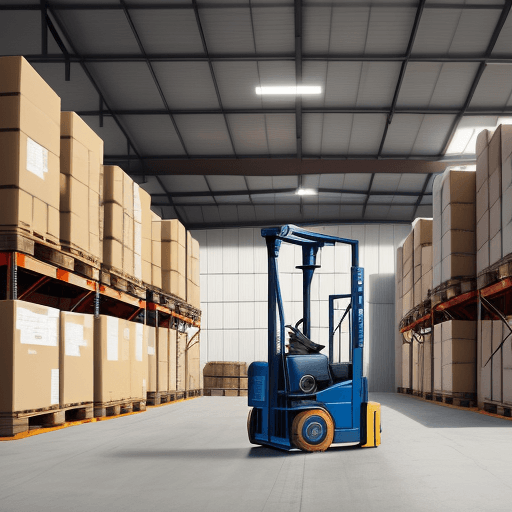 AI generated: The image of a warehouse seen from a distant distance. Where there are multiple elevated racks with ...