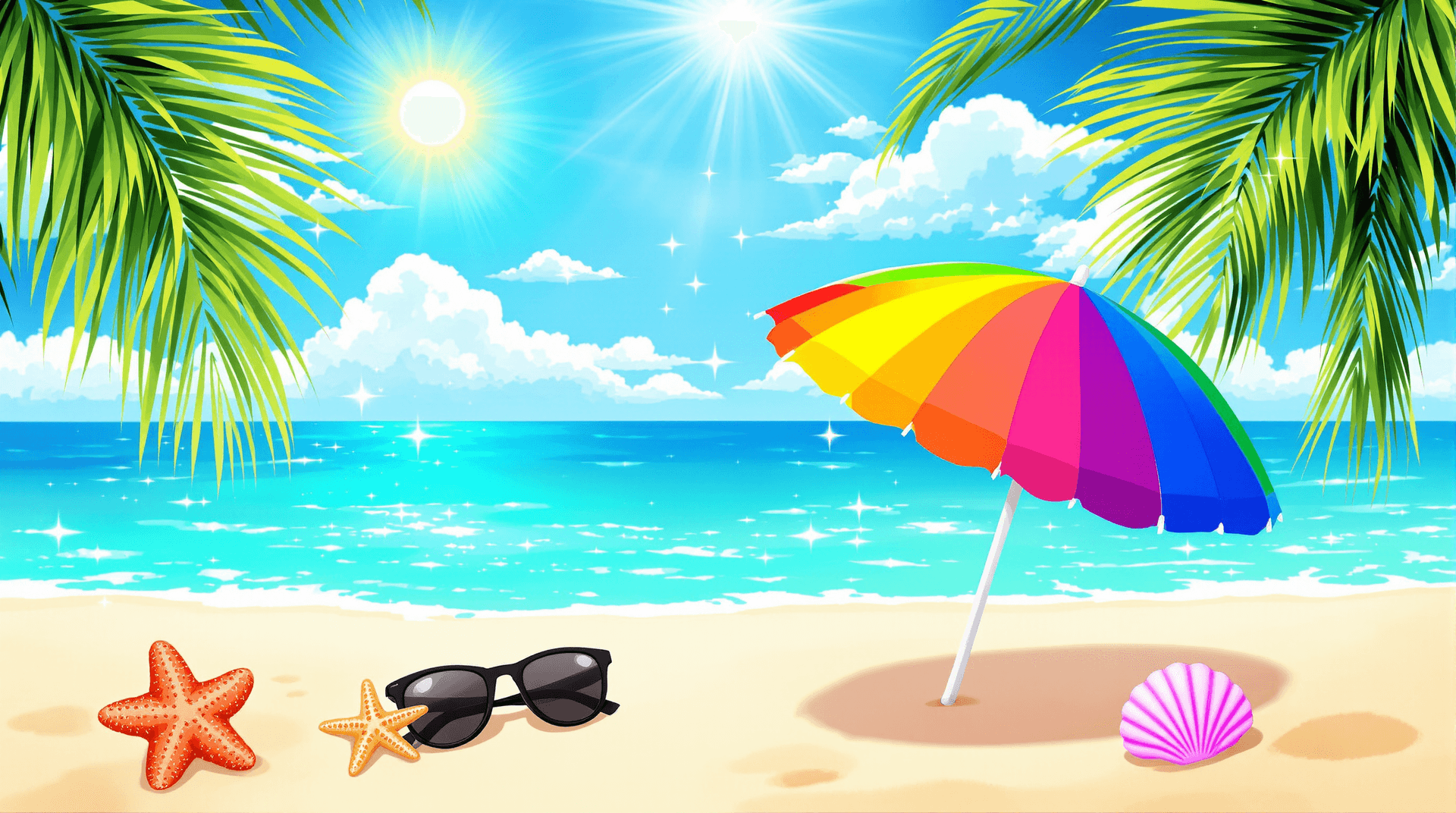 AI generated: A vibrant digital illustration of a tropical beach scene, featuring a bright blue sky with fluffy wh...