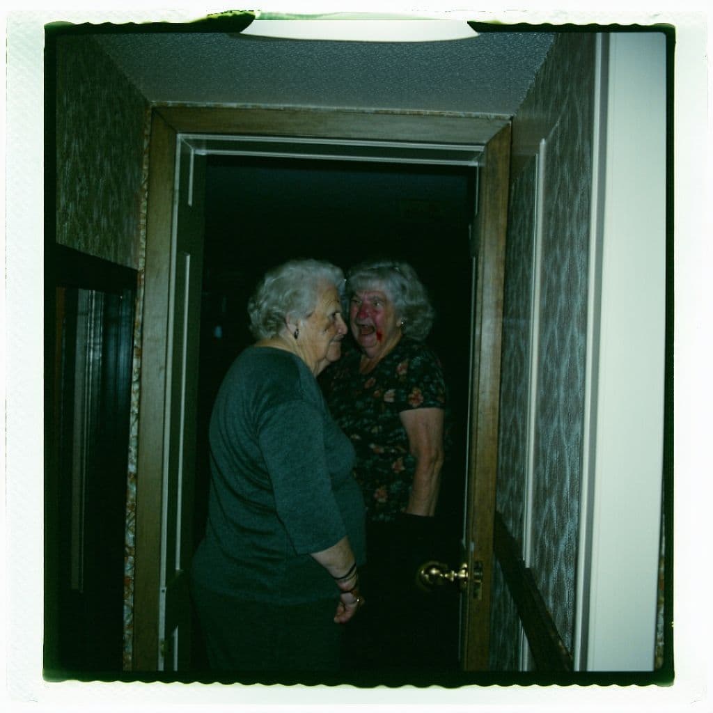 AI generated: grainy 80's photograph quality polaroid really creepy old people caught in an abandoned house, dark,...